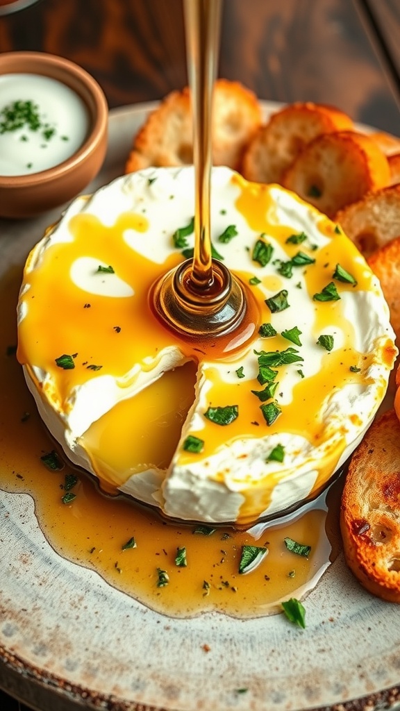 Baked goat cheese with honey and herbs served with crostini on a rustic table.